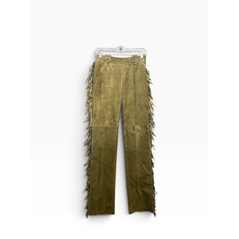 Patricia Wolf Olive Green Suede Fringe Pants Lined Rhinestones Size 4 Western